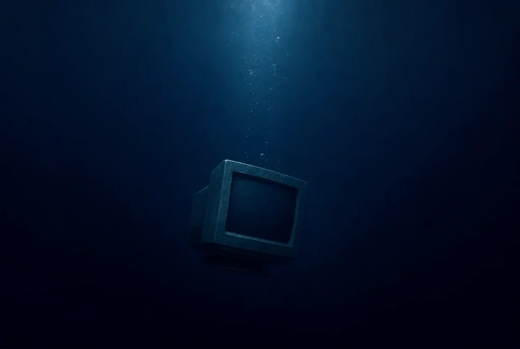 深い海の底へ沈んでいく、電源の落ちた古いブラウン管モニター